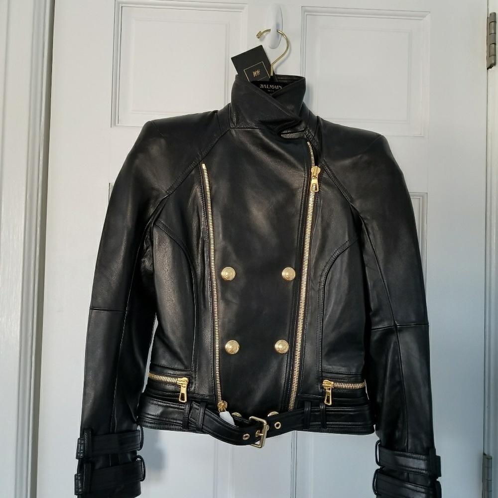 NWT Balmain H&M Leather Biker Moto Jacket 4 US